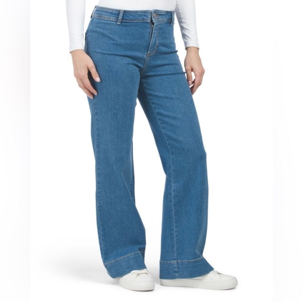 Avec Les Filles Flat Front High Rise Wide Leg Jeans Med Blue Wash Denim 26 NWOT